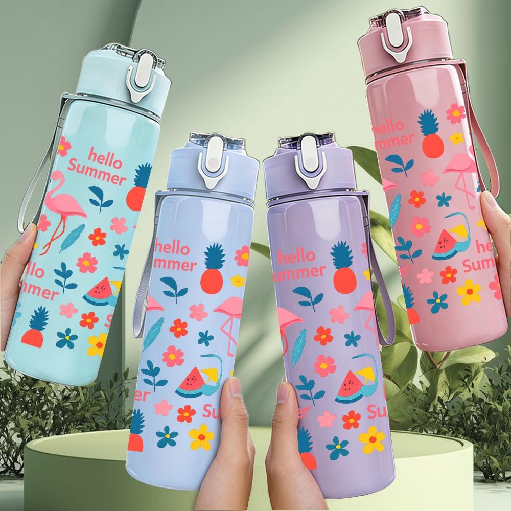 1PC Tropical Palm Flamingo Seamless Print 750ml Color Plastic Sports Water Bottle Leakproof Flip Straw Lid Suitable for Sports Office Home Use