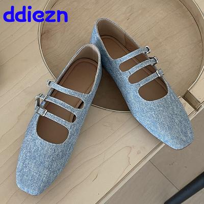 Мода Весна Лето Туфли-балетки с пряжкой Дизайнерская Роскошная Мода Мелкий Квадратный Носок Элегантные Женские Джинсовые Туфли Обувь Женская