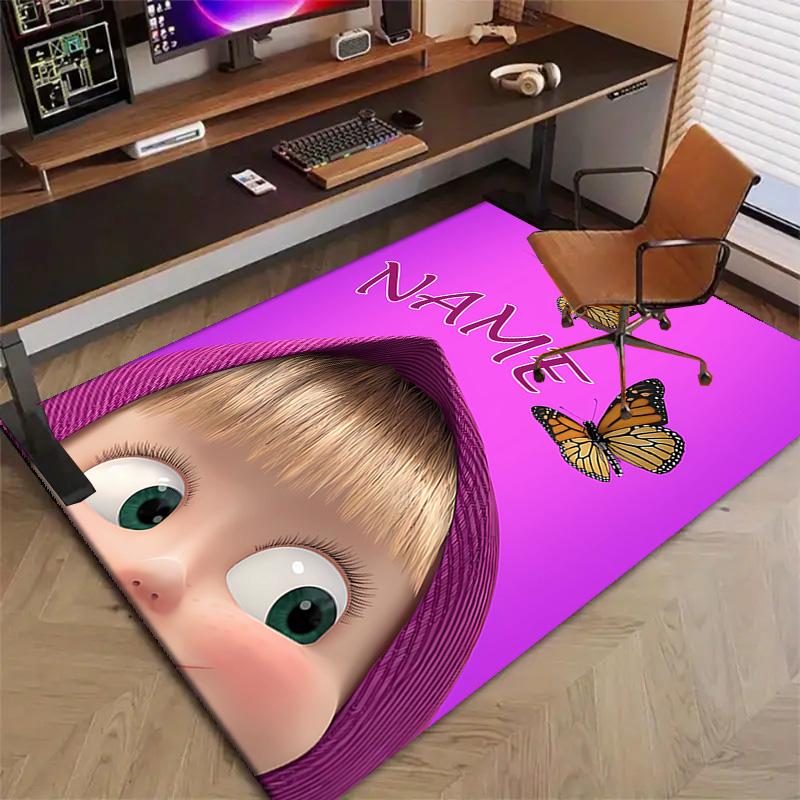 Custom Masha and the Bear Mat Personalized Name, Polyester Washable Indoor Entryway Rug, Gift for Christmas, Easter, Thanksgiving Day