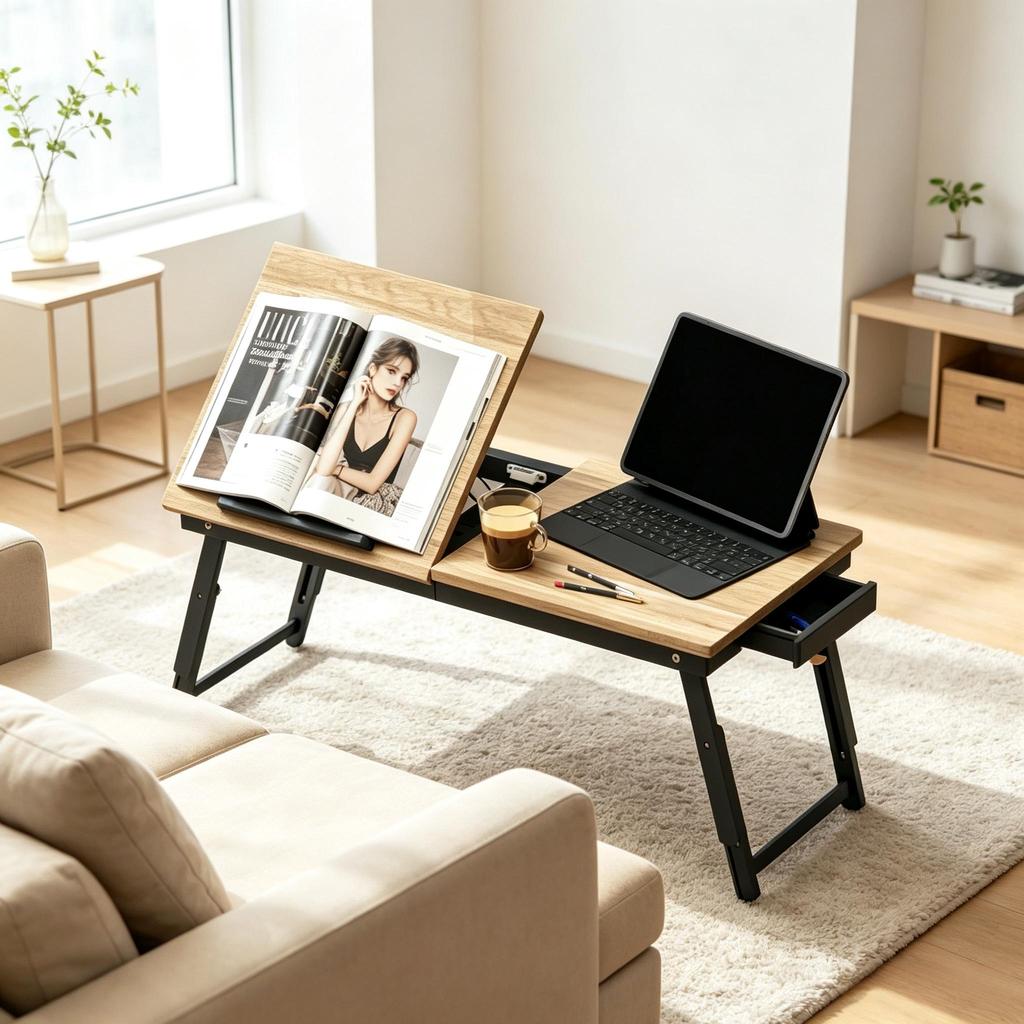Laptop Table with Height and Angle Adjustment, Folding Table with Tilt Function and Drawer, Multifunctional Bed Table (only with 1pc bed table)