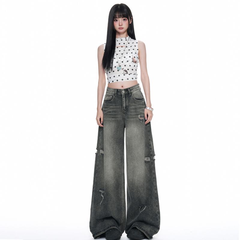 Autumn new American black and gray ripped jeans women's loose and thin wide-leg pants