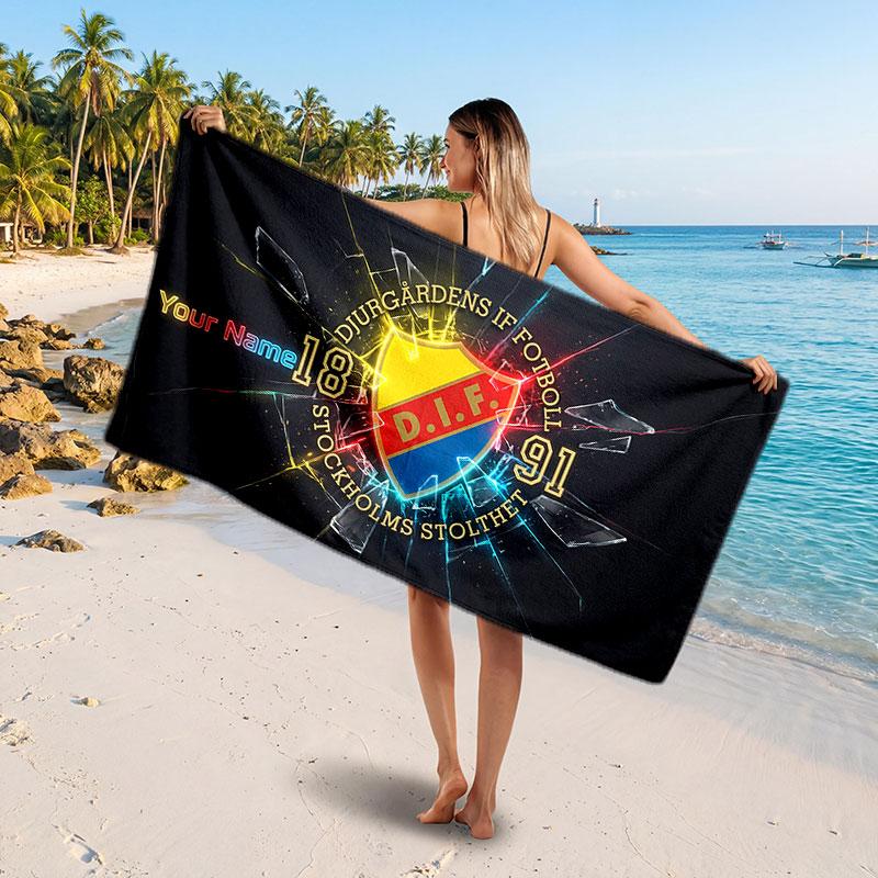 Djurgårdens IF Custom Beach Towel, Personalized Name Text Print, Football Logo Soft Quick‑Dry Towel Holiday Gift
