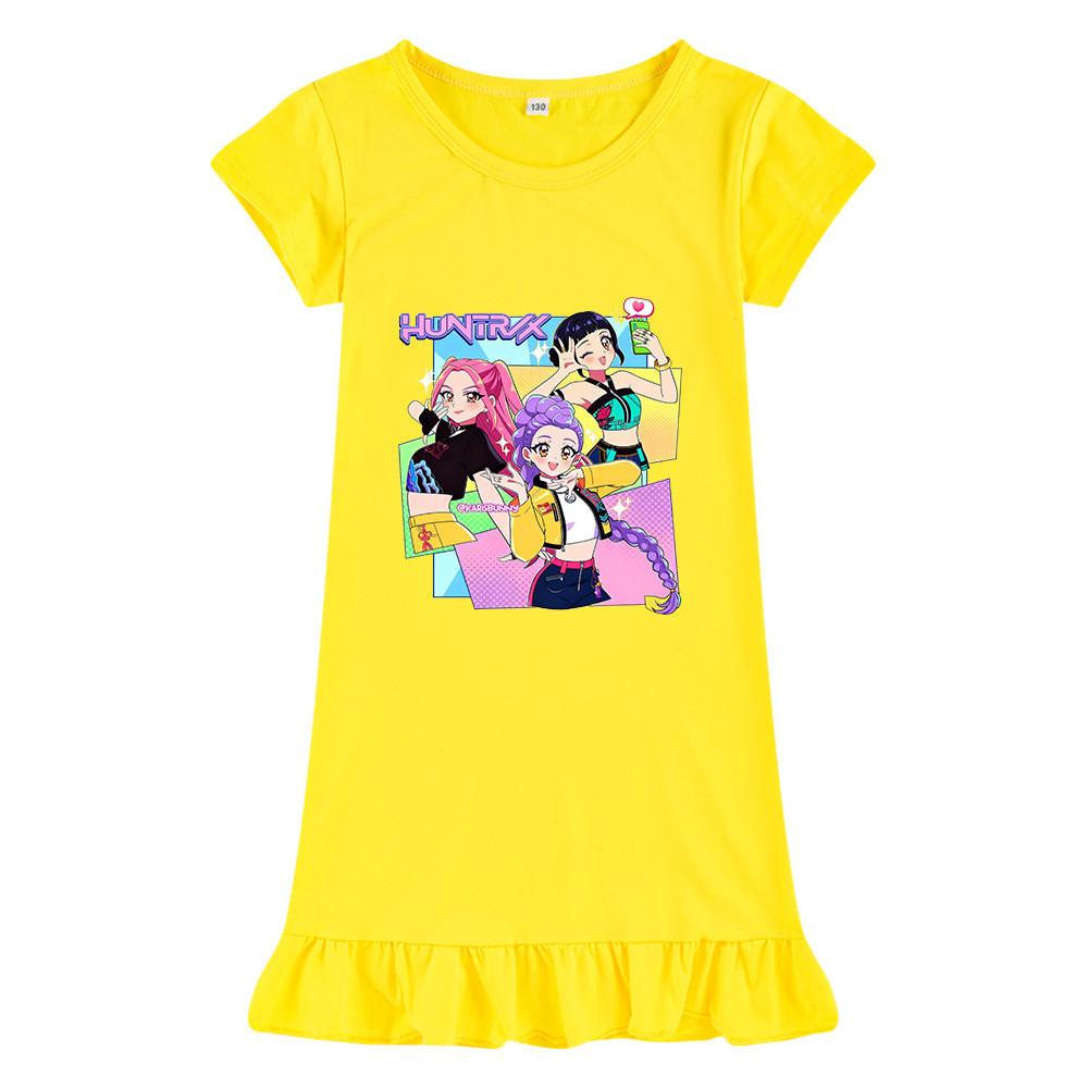 M1232 Kids Girls Kpop Rumi Zoey Mira Print Short Sleeves Ruffle Dress