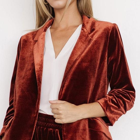 Women's Velvet Blazer Ruched 3/4 Sleeve Lapel Open Front Cardigan Ladies Office Business Coat Short Suit Jacket
