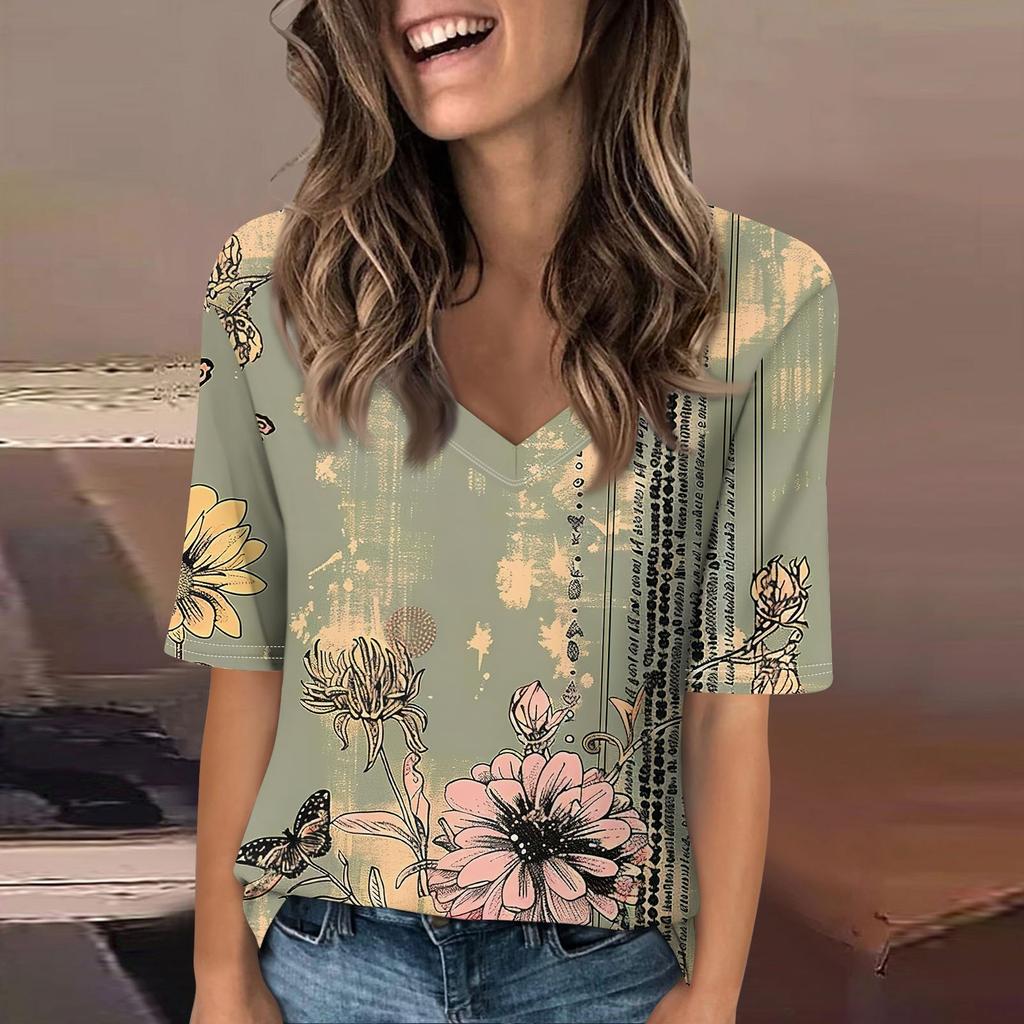 Shirts For Women Trendy V Neck T Shirts Casual Printed Summer Tees T Shirt Blouse Half Sleeve Tops For Women