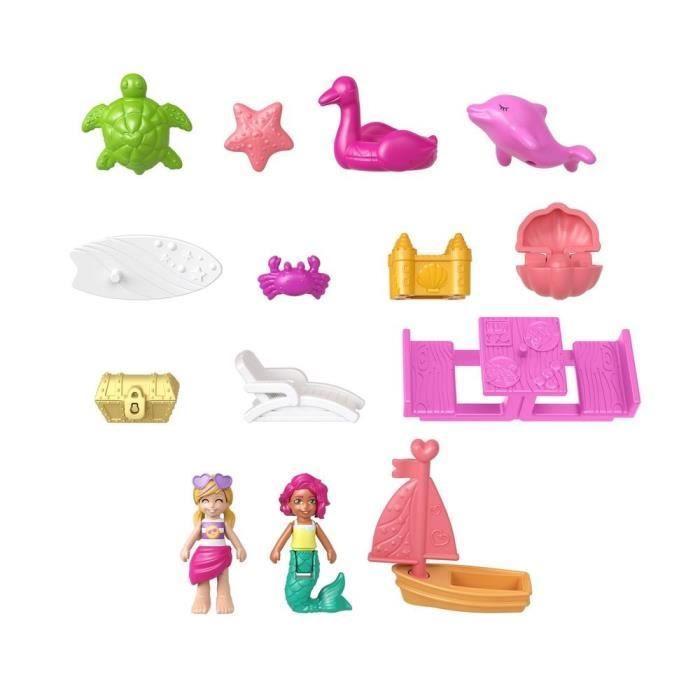 Polly Pocket - Coffret la plage du dauphin, avec Polly et sirène, 5 surprises et 13 accessoires - Mini-poupée - Dès 4 ans