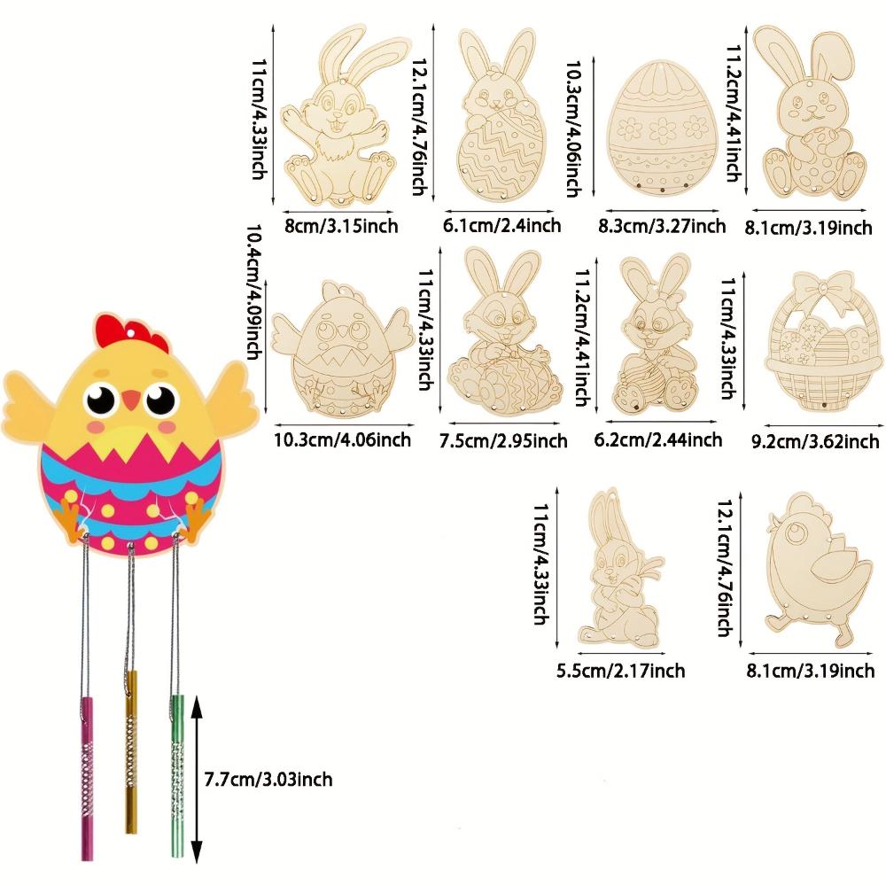 10-set Wooden Easter Wood Chip Wind Chime Set Easter Rabbit Handicrafts Easter Rabbit Wind Chime Handicrafts Paint Art Activity