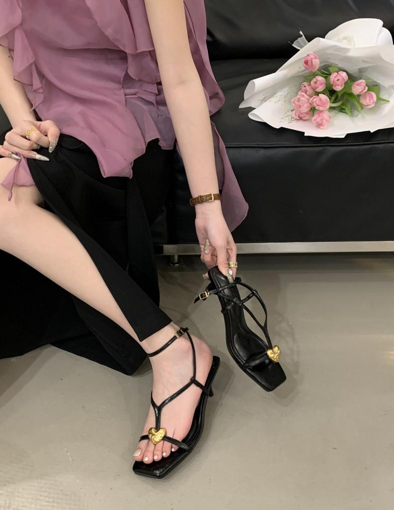 High Heels 2025 New Metal Buckle with Square Head Thin Heel Open-toed Women's Shoes Summer Socialite Sandals