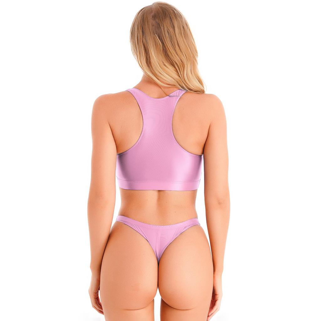 Dámské lesklé bez rukávů tílko s U výstřihem a kalhotky s nízkým pasem sportovní fitness plavkový set