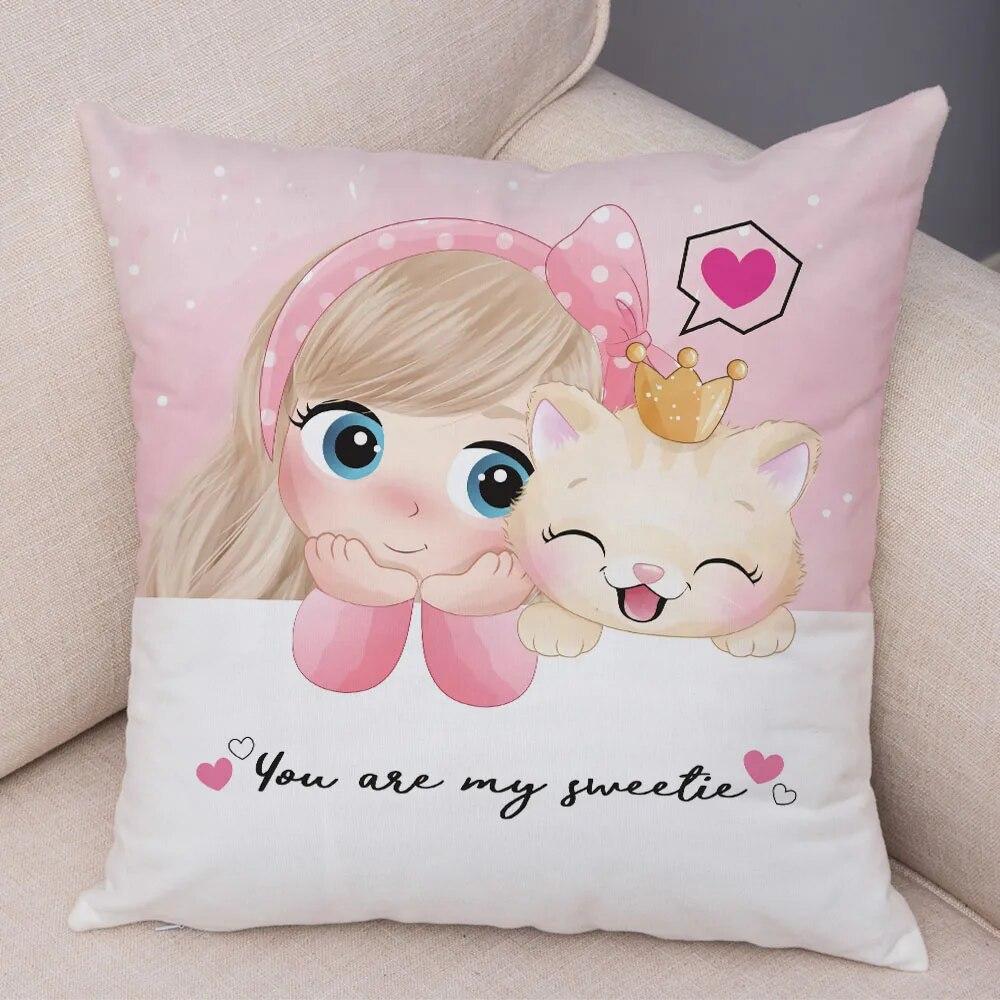Children's Room Sofa Home Pillowcase Cute Cartoon Girl and Cat  Decoration  Animal Cushion Cover
