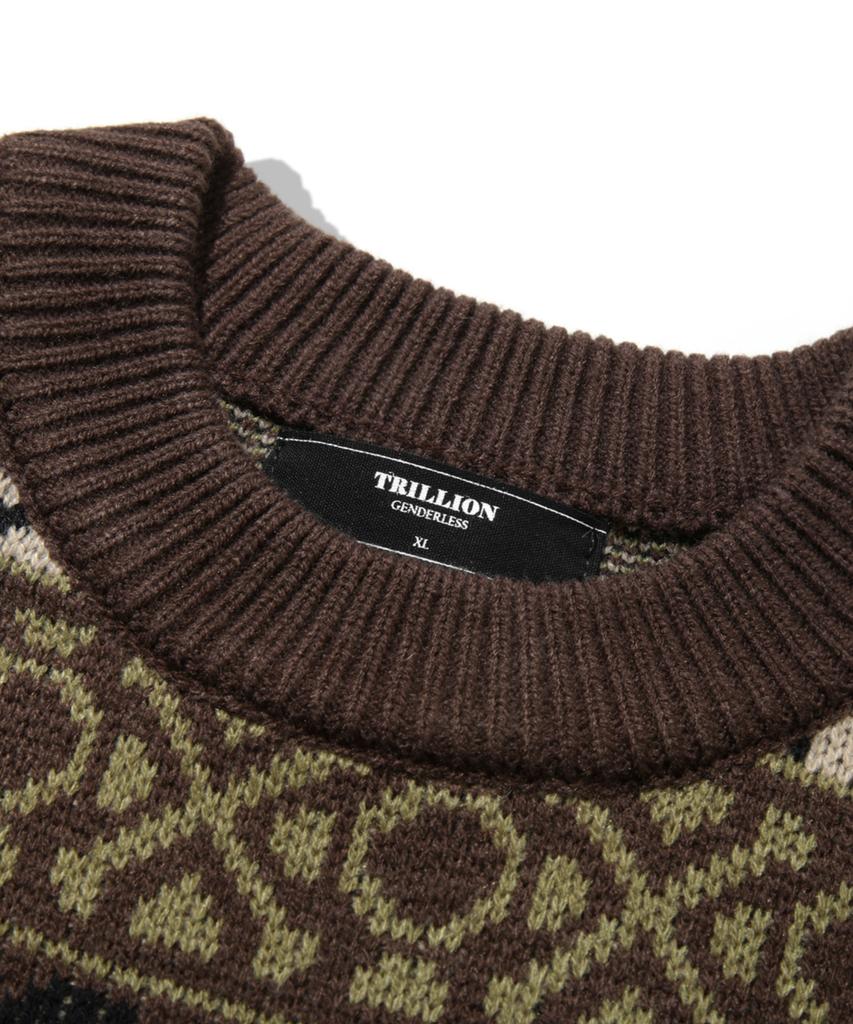 TRILLION Винтажный жаккардовый джемпер Fair Isle с круглым вырезом_Коричневый