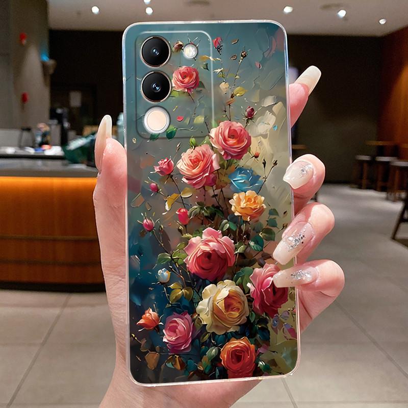 Phone Case For Vivo V29e V27e 5G Slim Soft TPU Cover Clear Silicone Aesthetic Luxury Fashion Butterfly Flowers New Design Case