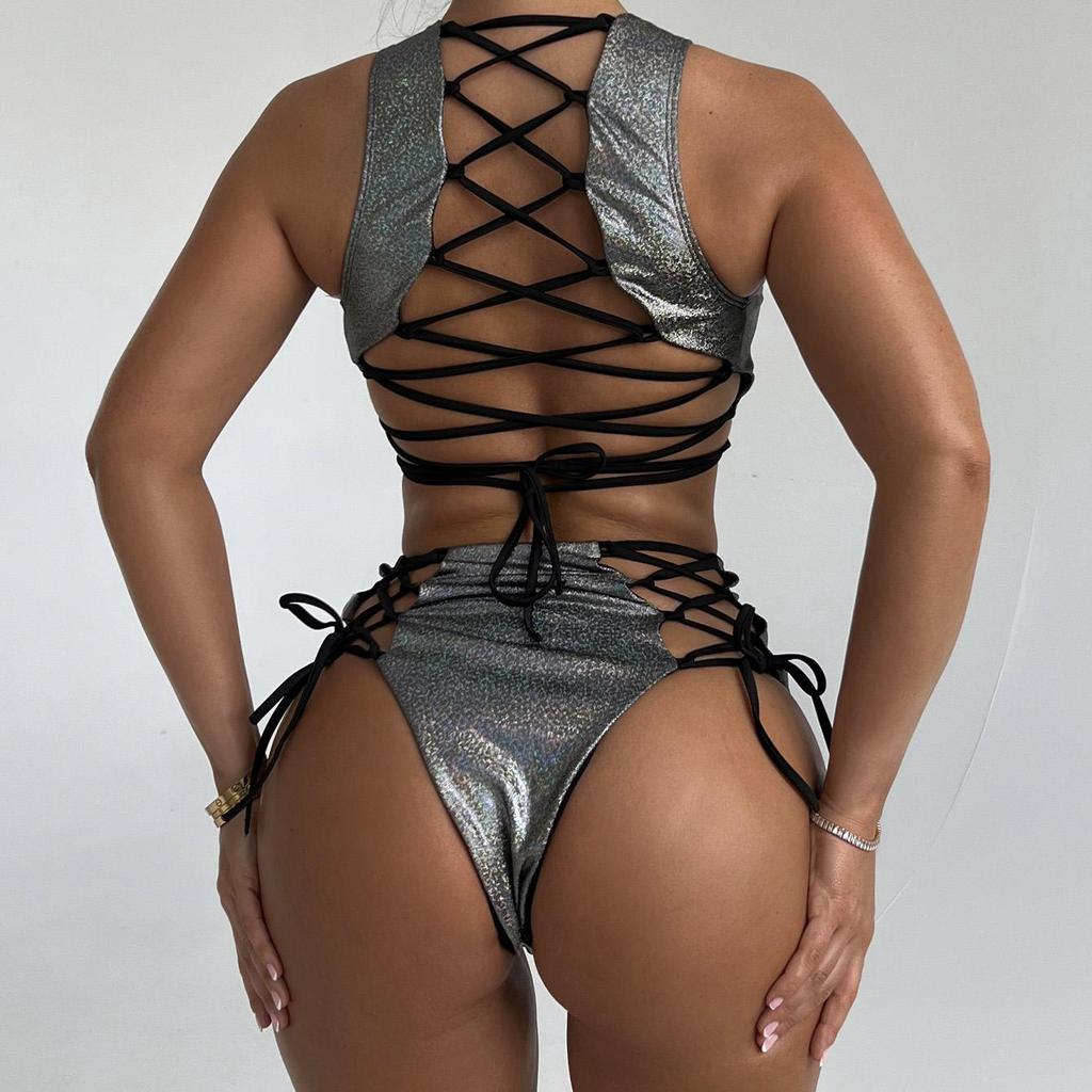 Women Sexy Triangle Split Bikini Suit Set Tie Side G-String Thong Swimsuit Halter Backless Elastic Bikini