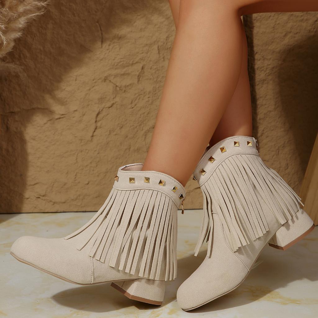 Модные женские ботильоны осень-зима с кисточками и заклепками, женские ботинки с круглым носком, на молнии, модная обувь для отдыха на природе, женские ботинки Botas De Mujer