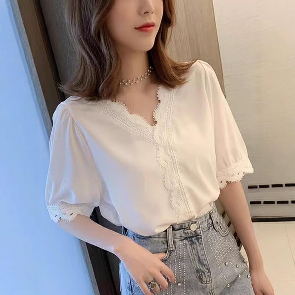 Женская рубашка Удобные и универсальные топы Нарядная белая шифоновая рубашка с коротким рукавом Модная супер сказочная кружевная рубашка Темпераментный элегантный модный топ