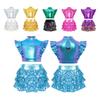 Kids Girls Jazz Dance Costume Rhinestone Adorned Crop Top with Tiered Ruffled Culottes Mesh Patchwork Set