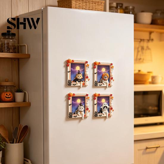 Halloween Refrigerator Magnets Cat Ghost Frame Fridge Magnet for Halloween, Retro Wooden Party Decor Magnet, Kitchen Decoration Accessories,