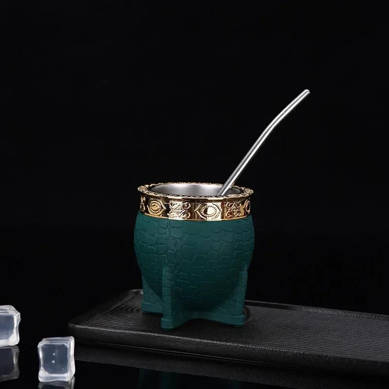 Stainless Steel Double-layer Mate Cup With Straw Texture Eggshell Cup Perfect For Yerba Mate Tea Drinking Yerba Mate Cup New