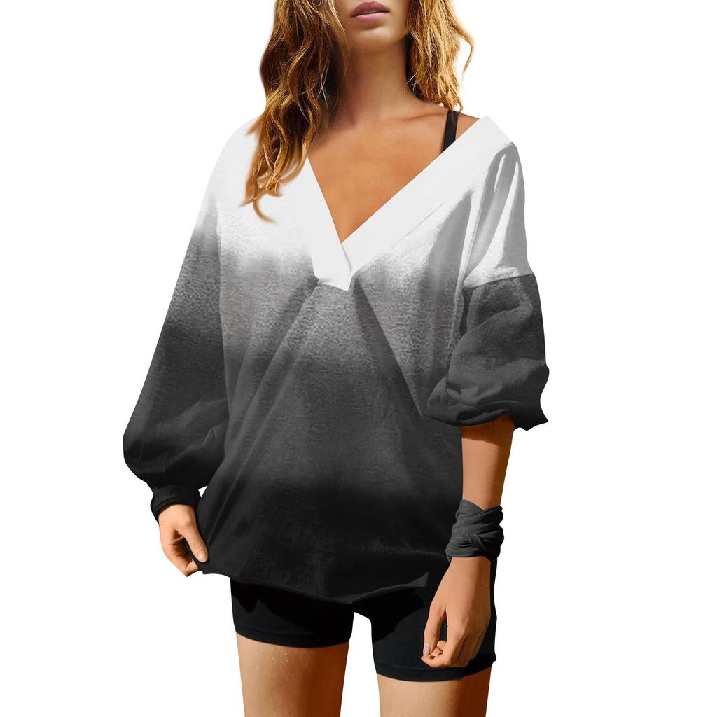 Женская мода градиентный цвет V-образный вырез длинный рукав свободный пуловер свитшот топ