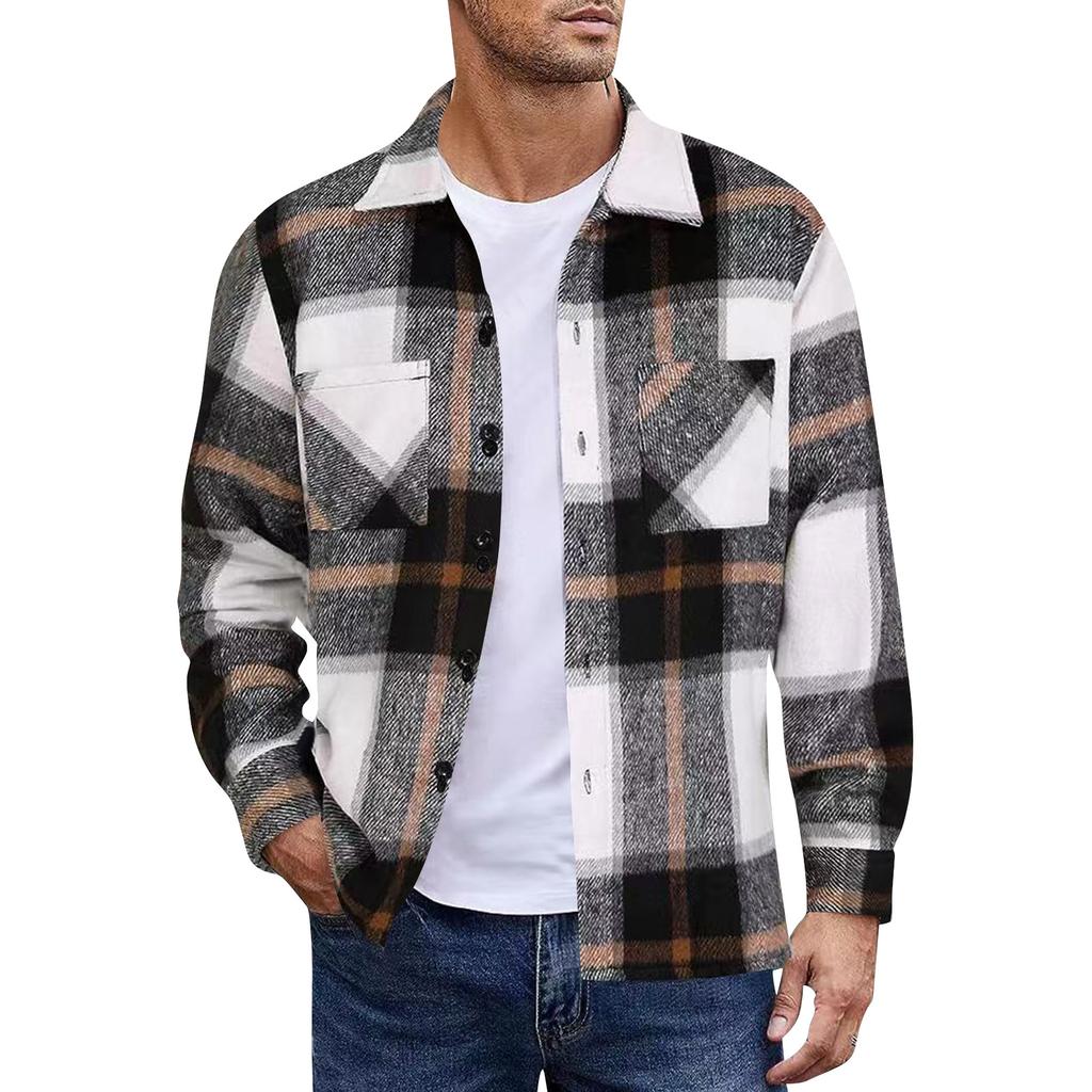 Men's Button Down Double Pocket Warm Plaid Colorblock Casual Comfortable Shirt Jacket