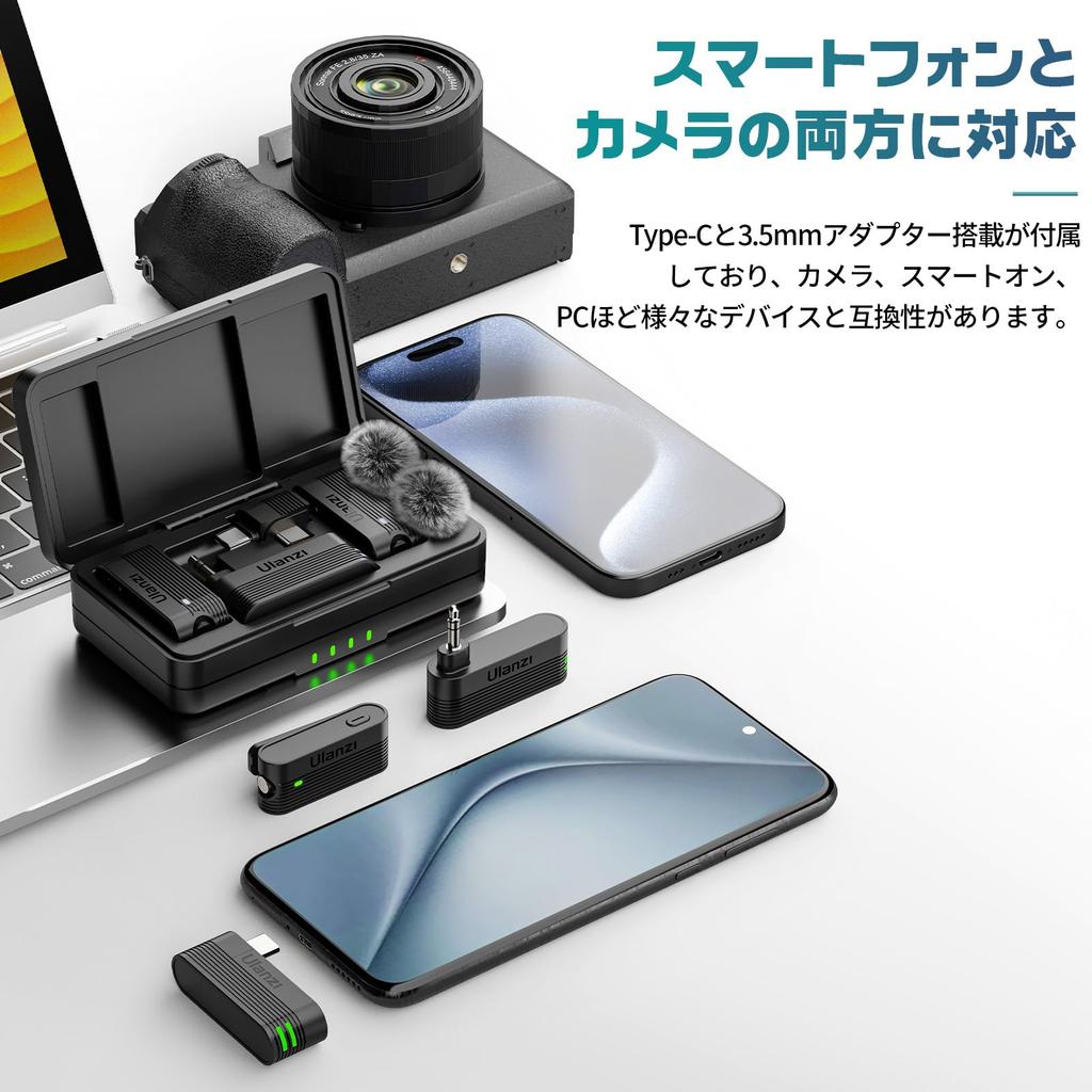 Ulanzi Беспроводной микрофон A100, Петличный микрофон, Внешний микрофон для смартфона, Сбор звука на 360°, Шумоподавление, Одновременная запись для 2 человек