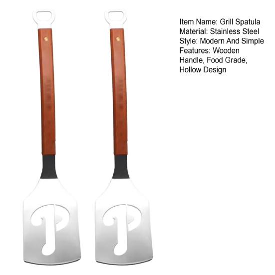 Grill Spatula with Wood Handle Stainless Steel Hamburger Patty Flipper Professional Hollow Grease Residue Reducing Spatula for Patties Bacon