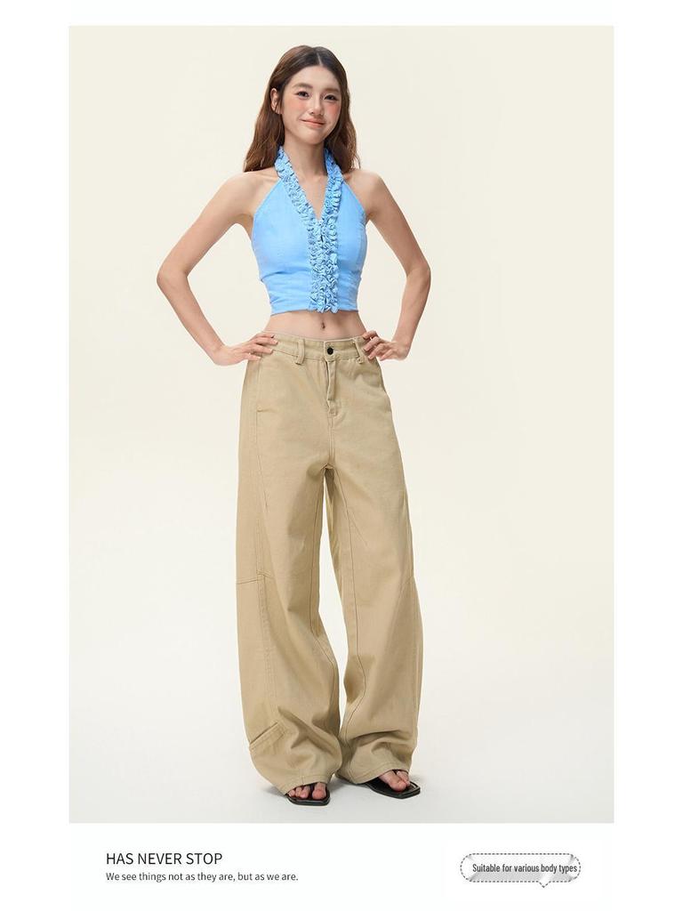 Women's Autumn Retro Khaki Wide-Leg Floor-Length Jeans