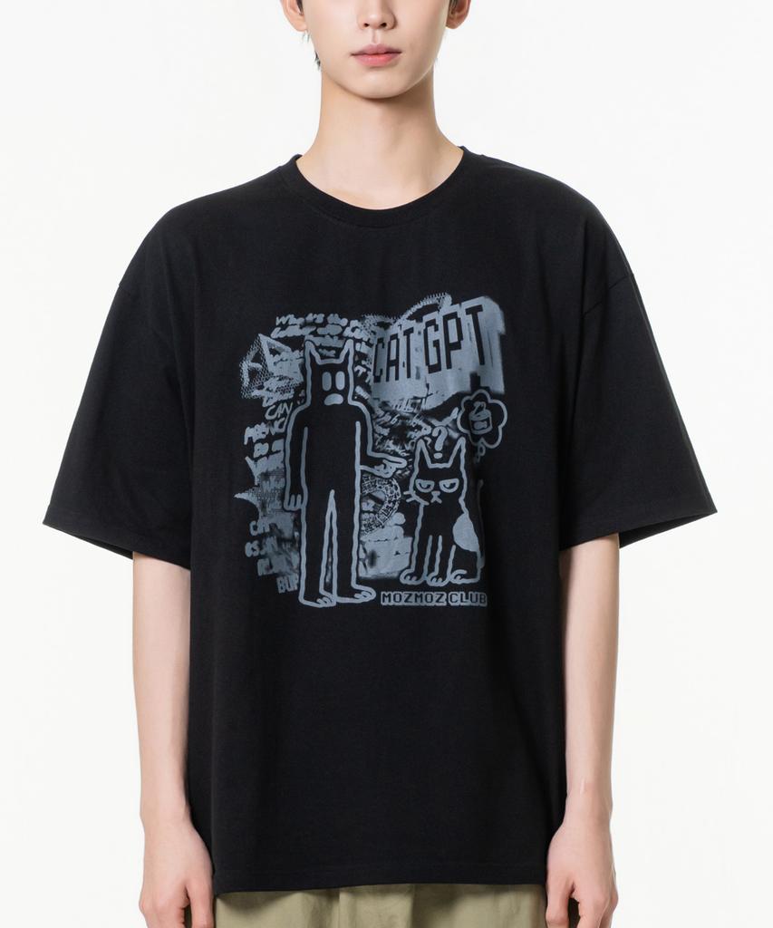 MOZMOZ Cat Gpt Oversized Graphic Short Sleeve T-Shirt Black