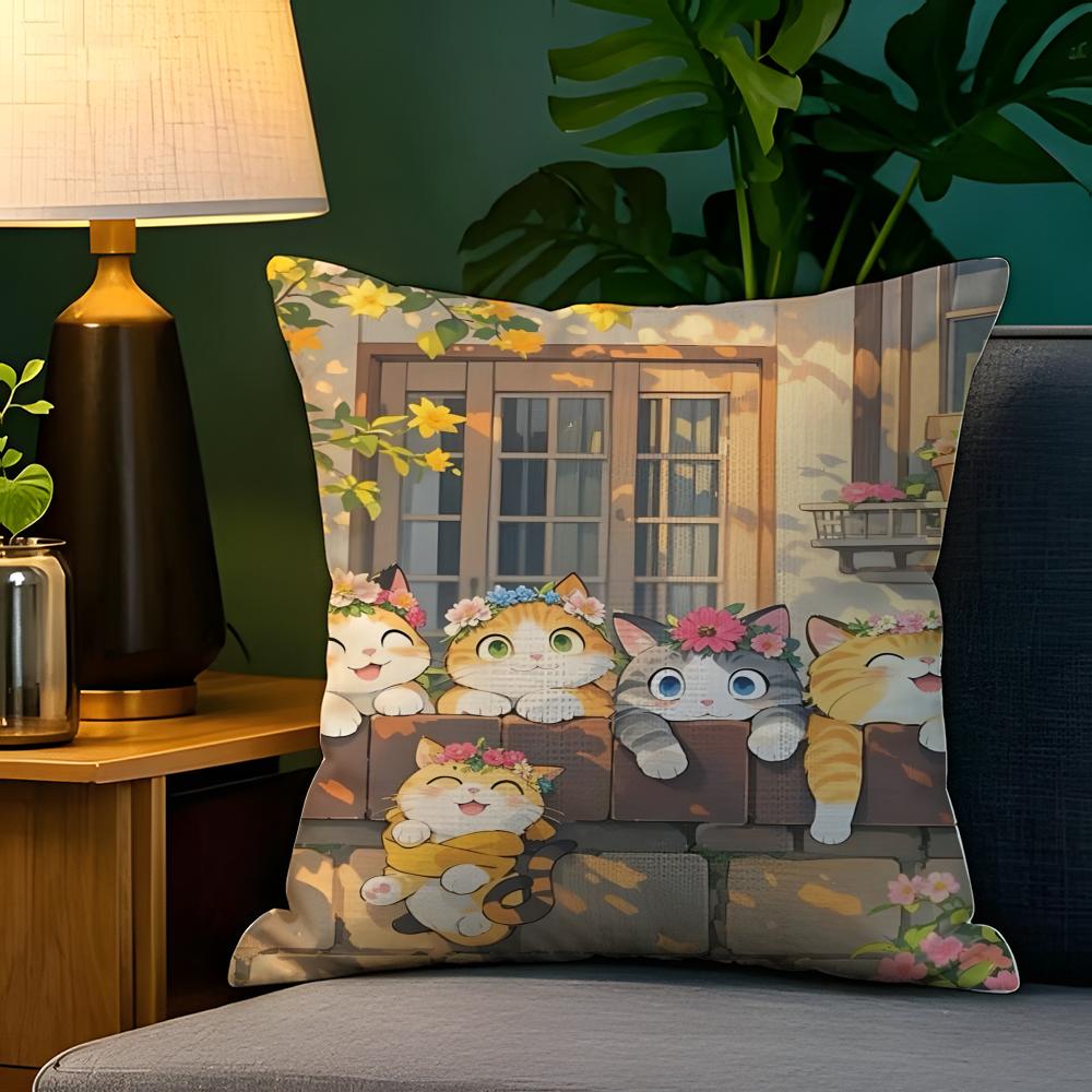 Spring Sunshine Cat Illustrations  Pillow Case Natural Linen Pillow Case DoubleSided Decor Sofa Pillowcase Home Decor