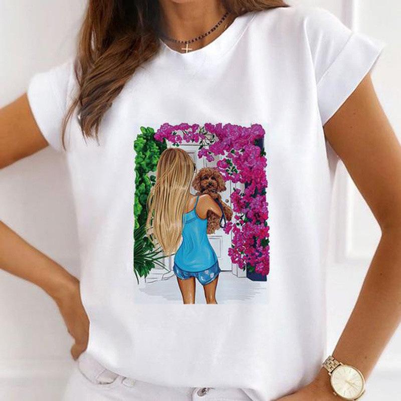 Summer Floral Girl Printed Base Shirt Cute Cartoon Round Neck Plus Size Pure Cotton Short Sleeved Top T-Shirts Women’s