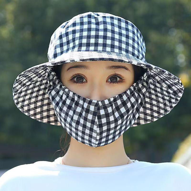 Summer Women Outdoor Print Fisherman Hat Uv Protection Wide Brim Garden Work Shade Hat Breathable Mask Integrated Cap