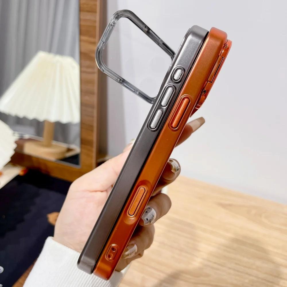 Plating Fold Glass Camera Stand Holder Phone Case For 17 17Pro 17Air 17 Pro Max Ultra Thin Transparent Shockproof Cover