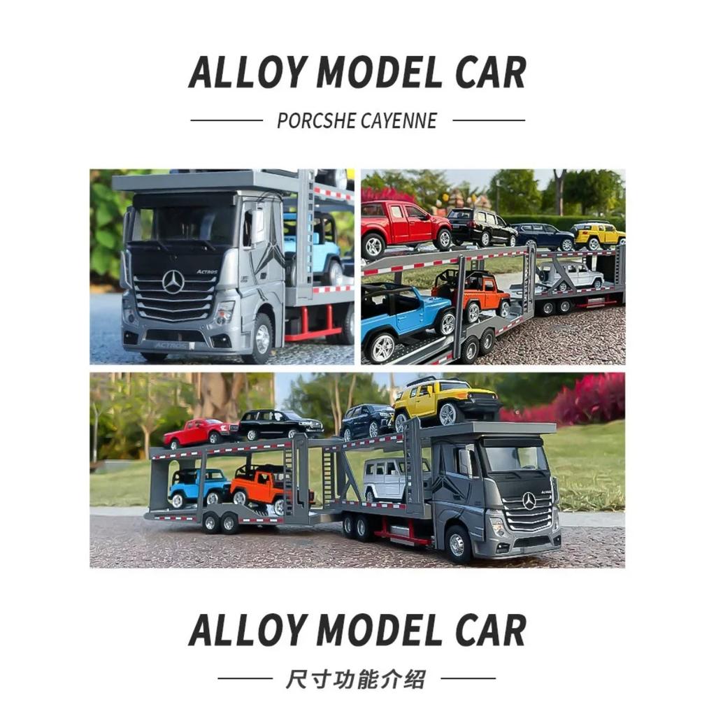 1/24 Mercedes Benz Double Decker Flatbed Transport Vehicle Alloy Diecast Metal Car Model Sound and Light Science Education Series