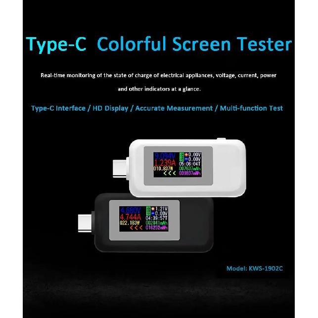 Type-C USB Tester 4-Digit Color Monitor 4-30V Volt Meter Current Power Detector Compatible w/ QC2.0/3.0/PD/Samsung Fast Charging