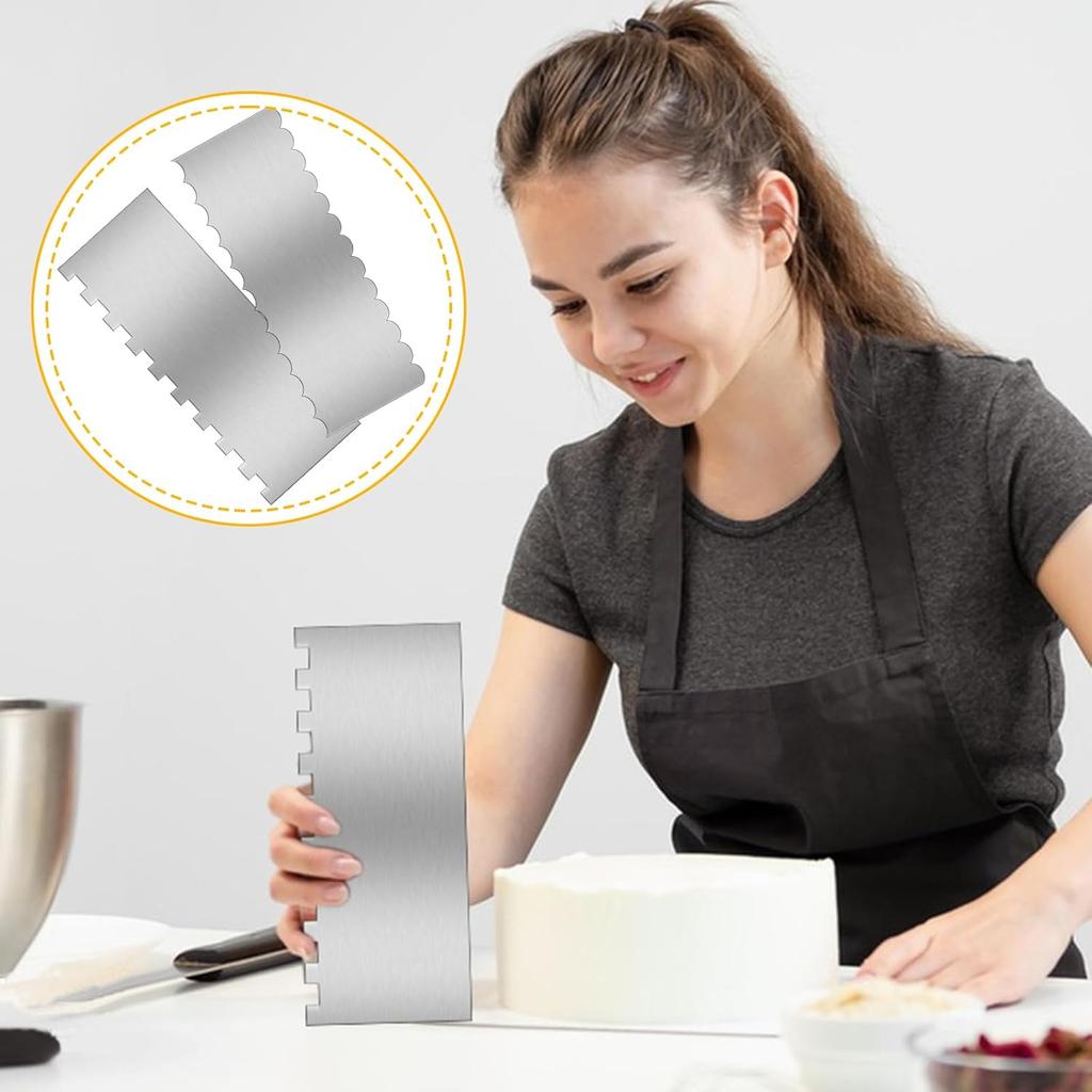 9 Inch Stainless Steel Cake Scraper Set Metal Cake Scraper Large Double Sided Patterned Stripe Edge Scraper Smoother, Cake Smoother Scraper for