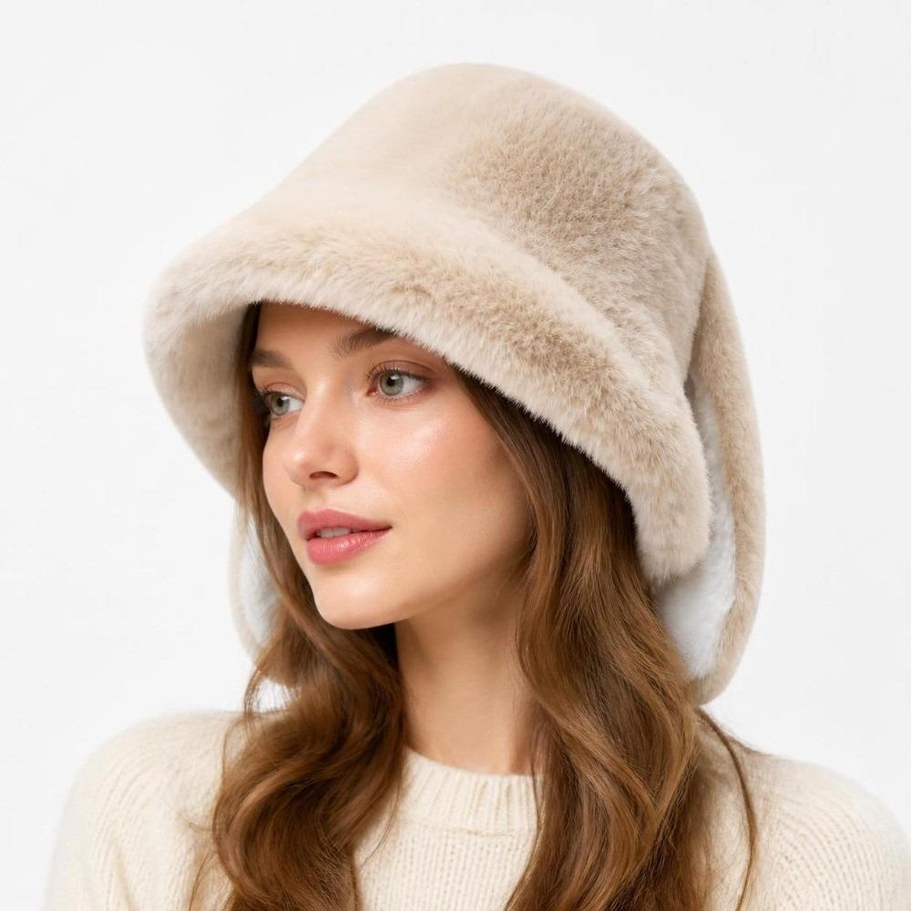 Winter Warm Fisherman Hat Soft Pullover Hat Cute Rabbit Ear Bucket Hat For Women