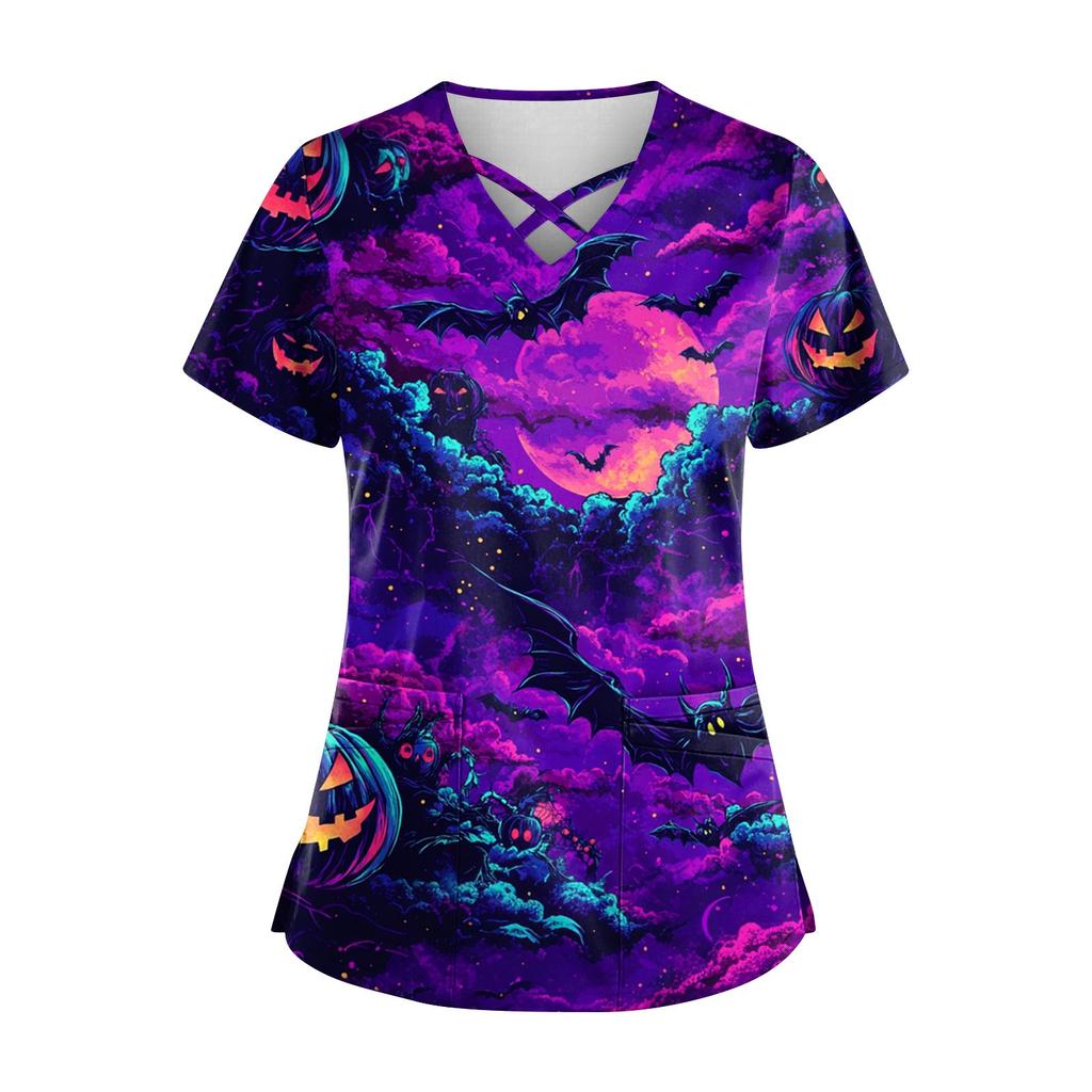 Women's Short Sleeve Stagger V Neck Print Pocket Dry- Top