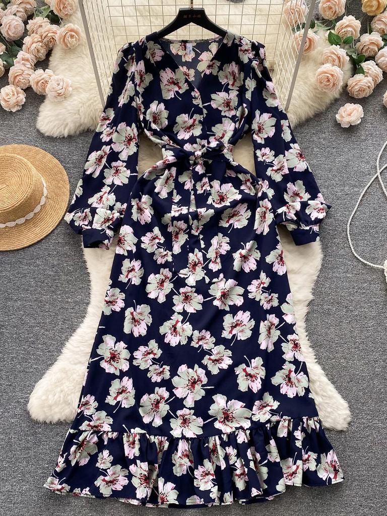 Модное женское платье с цветочным принтом, осеннее элегантное винтажное Бандажное длинное платье макси с рюшами по подолу, вечерние платья