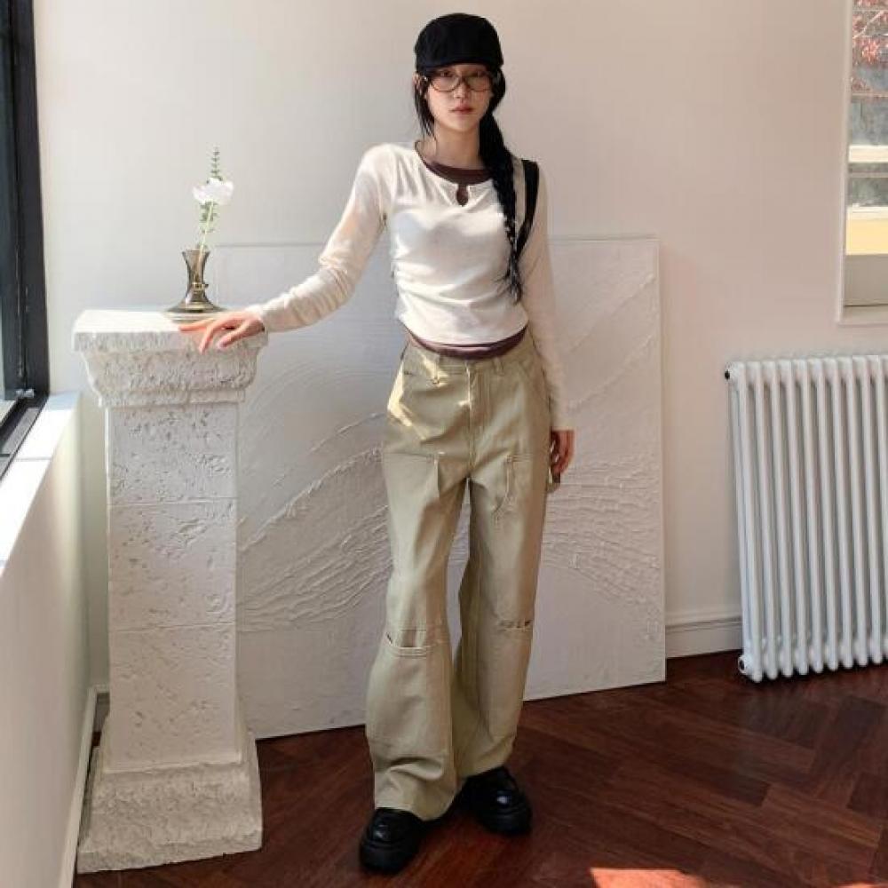 New Arrivals Open Run Keyhole Slim FiT Two Tone Layered Crop Long Sleeve T shirT