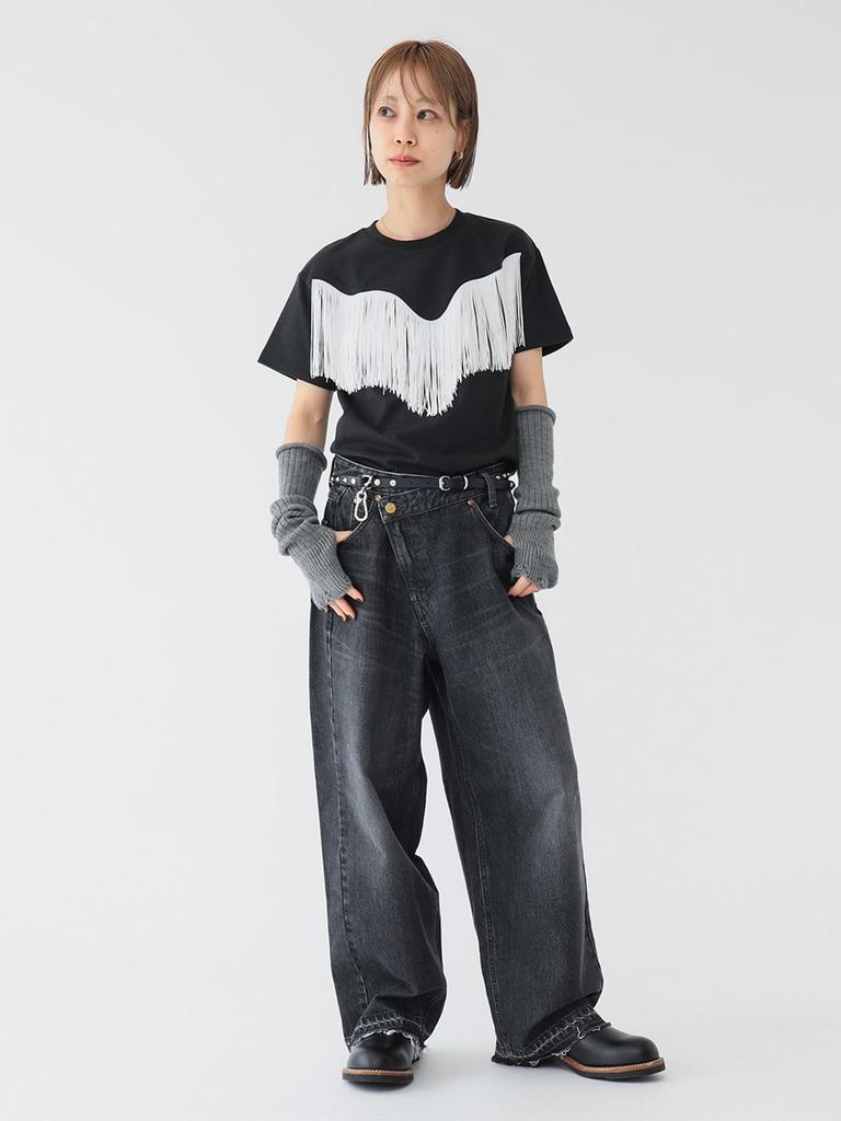 Beams Boy S/S TEE [Special Order] Wrangler X Maturely Fringe Short Sleeve T-Shirt Women's Black Free