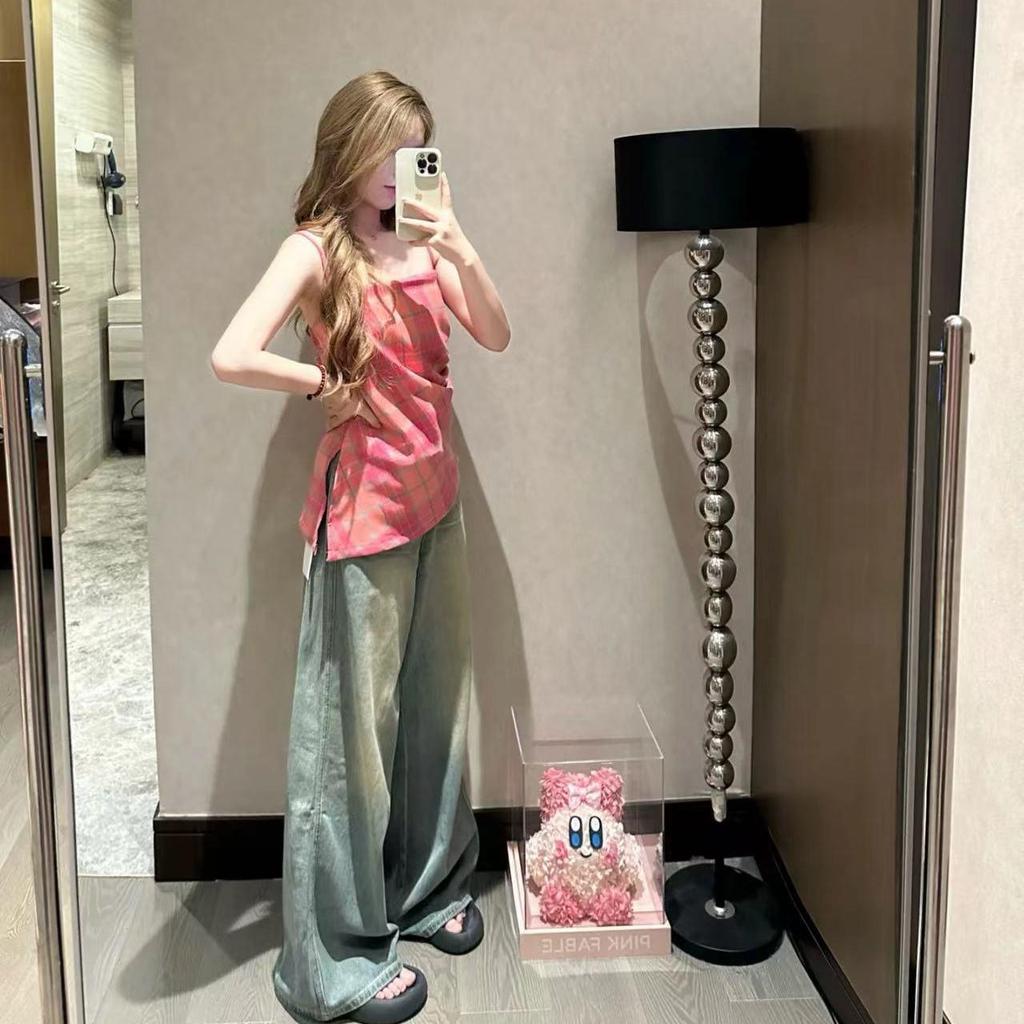 Женские винтажные джинсы из синего денима с высокой посадкой и широкими штанинами - Ретро-стирка, Свободный стиль в пол