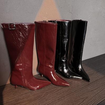 Мода 2025 Осень Женские Сапоги Спилок Женская Обувь Острый Носок Массивный Каблук Слипоны Сапоги до Колена Вестерн Современные Женские сапоги