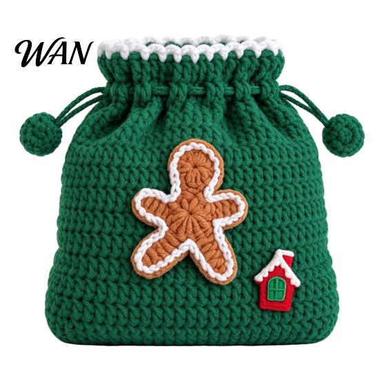 Holiday Jewelry Gift Box Hand-Crochet Drawstring Pouch, Christmas Soft Yarn Mini Coin Purse, Santa Snowflake Animal Treat Bag Gingerbread Small