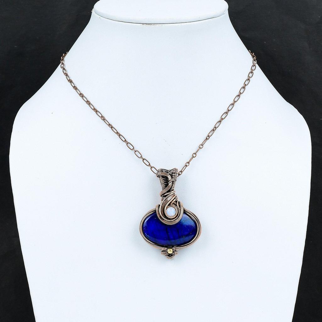 Подвеска из лабрадорита с синим огнем, подвеска из медной проволоки, подвеска из радужного лунного камня, медные ювелирные изделия ручной работы, подарок для мамы, подвеска с драгоценным камнем