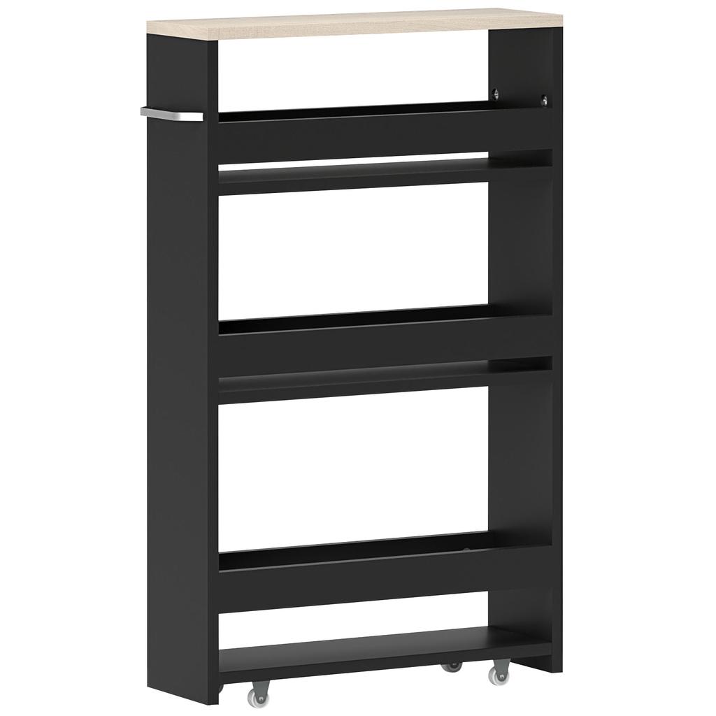 Wheeled Utility Cart, 3-Tier, 3 Shelves, Tabletop, Handle, 48 x 15 x 80 cm, Black