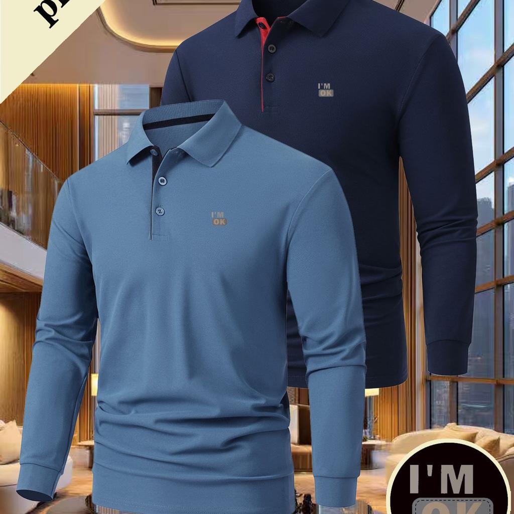 2 шт. Мужская высококачественная рубашка в стиле business casual, новая, с длинным рукавом, дышащая рубашка-поло, подходящая для активного отдыха, такого как гольф и бег.