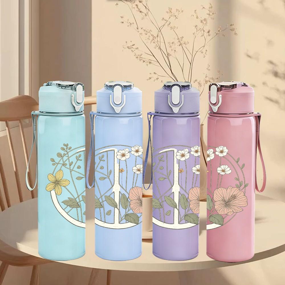 1PC Wreath Wildflower Line Art 750ml Color Plastic Sports Water Bottle Leakproof Flip Straw Lid Suitable for Sports Office Home Use