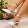 White Elegant Glitter Chain Decoration Wedding Shoes Women Sexy Pointed Toe Super High Heels Pumps Ankle Strap Sandals Designer