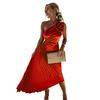 Women Evening Dress One Shoulder Pleated Flower Decor Hollow Out Backless Sleeveless Irregular Hem Cocktail Party Wedding Midi Dress