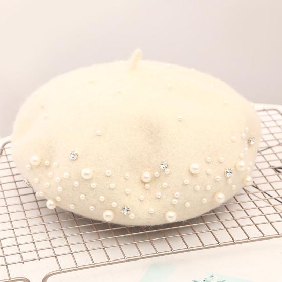 Yousheng Женский берет с искусственным жемчугом и стразами, винтажная шерстяная шляпа в английском стиле без полей, однотонная, с регулируемыми лямками, кепка-тыква